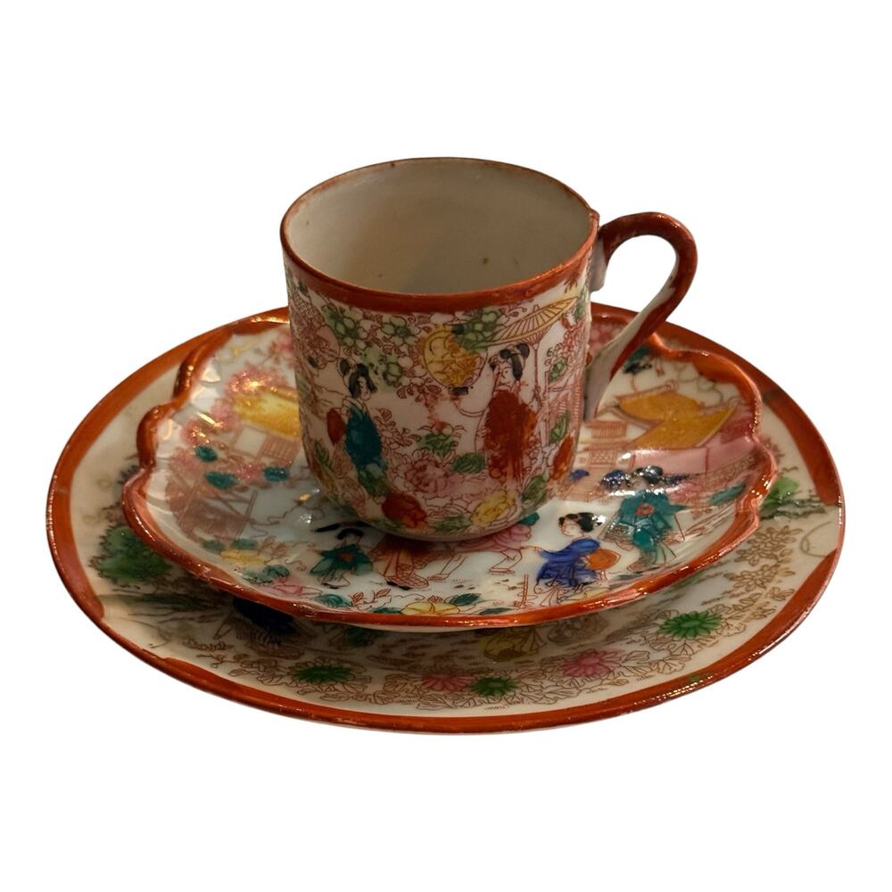 Antique Nippon Geisha Girl Trio Demitasse Teacup Saucer Dessert Plate Porcelain